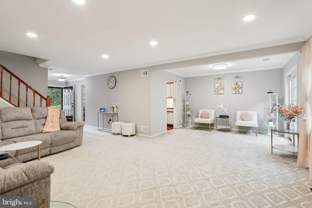 41 Fair Acres Ct, Princeton, NJ 08540 - carpeted living room with ornamental molding, stairs, recessed lighting, and baseboards