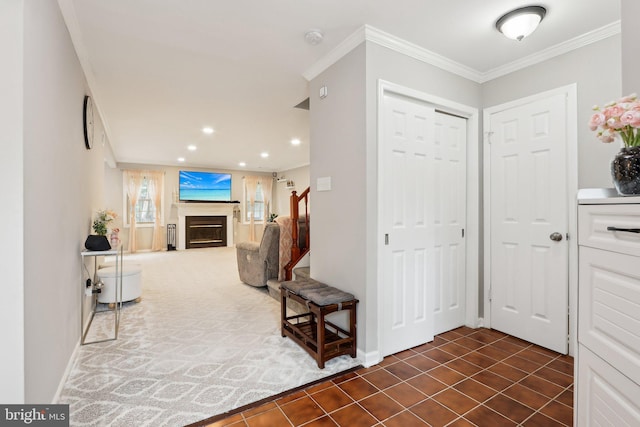 41 Fair Acres Ct, Princeton, NJ 08540 - entryway with a glass covered fireplace, crown molding, baseboards, recessed lighting, and stairs