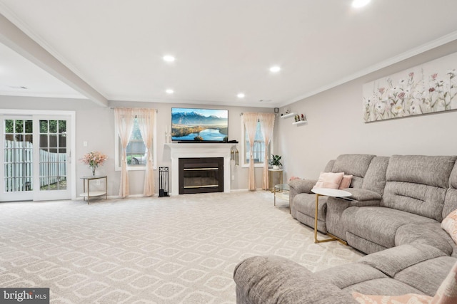 41 Fair Acres Ct, Princeton, NJ 08540 - living area featuring recessed lighting, crown molding, a glass covered fireplace, carpet floors, and baseboards