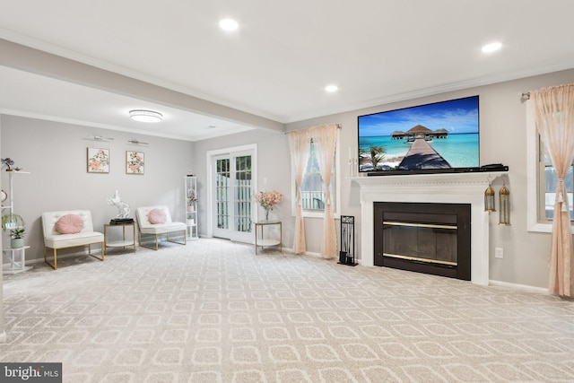 41 Fair Acres Ct, Princeton, NJ 08540 - living area featuring ornamental molding, carpet flooring, a glass covered fireplace, recessed lighting, and baseboards
