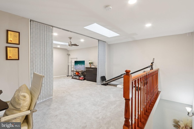 41 Fair Acres Ct, Princeton, NJ 08540 - living area with a skylight, an upstairs landing, recessed lighting, carpet flooring, and a ceiling fan