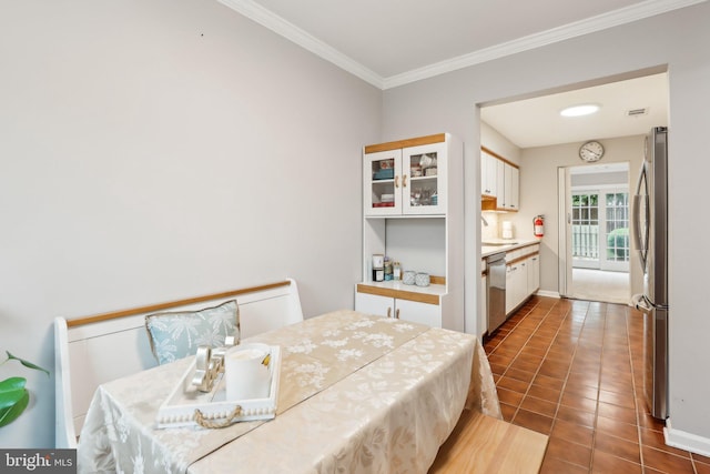 41 Fair Acres Ct, Princeton, NJ 08540 - bedroom featuring freestanding refrigerator, crown molding, dark tile patterned flooring, a sink, and baseboards