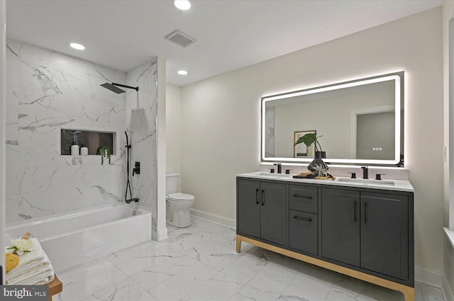 full bathroom with marble look tile flooring, toilet, recessed lighting, baseboards, and double vanity