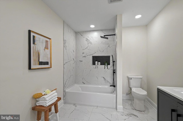 bathroom with baseboards, marble finish flooring, toilet, vanity, and recessed lighting