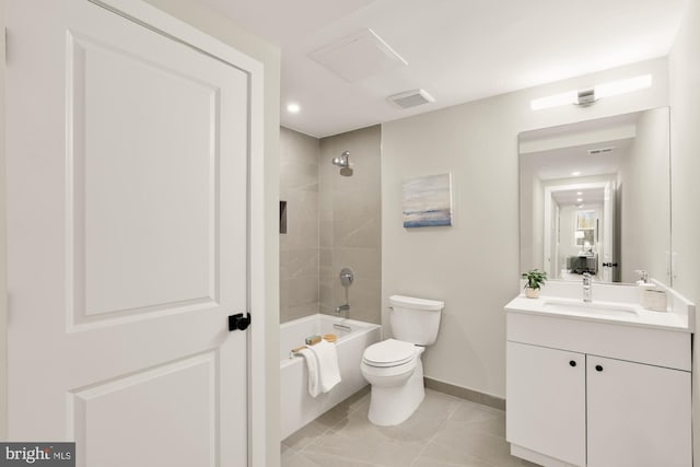 bathroom featuring baseboards, toilet, vanity, shower / tub combination, and recessed lighting