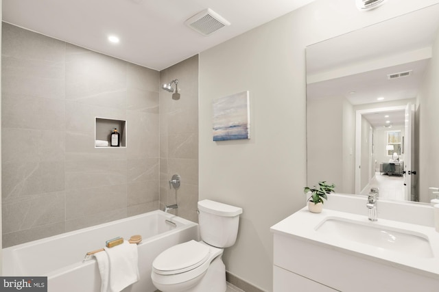 full bath with toilet, shower / washtub combination, vanity, recessed lighting, and baseboards