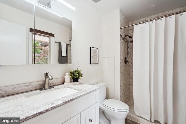 bathroom with a shower stall, toilet, and vanity
