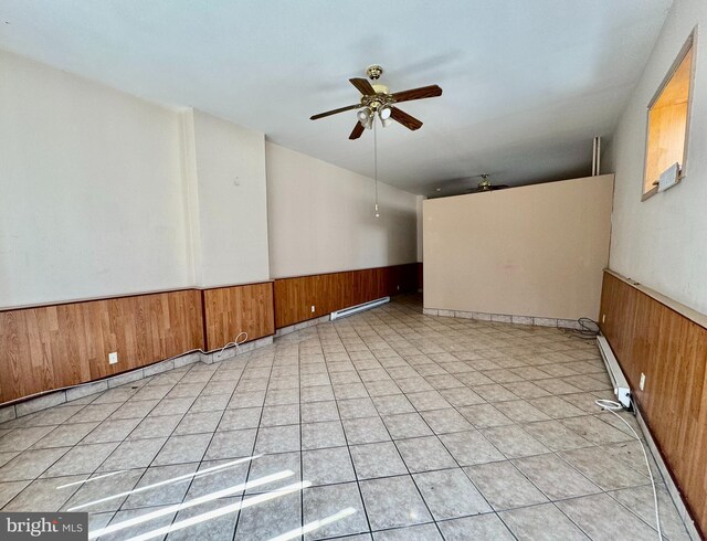 1331 Mifflin St, Philadelphia, PA 19148 - unfurnished room with wood walls, a wainscoted wall, ceiling fan, and a baseboard radiator