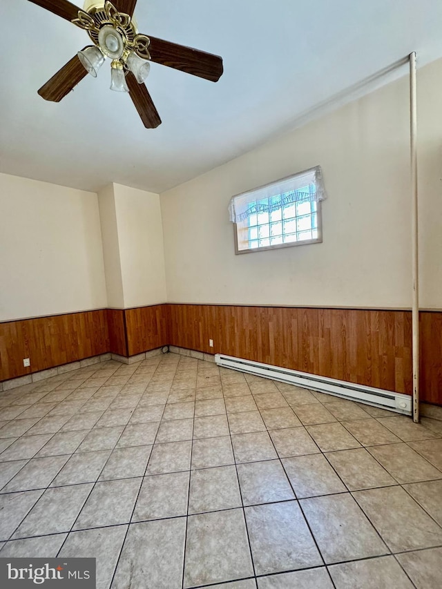 1331 Mifflin St, Philadelphia, PA 19148 - spare room featuring a baseboard radiator, a wainscoted wall, wood walls, and a ceiling fan