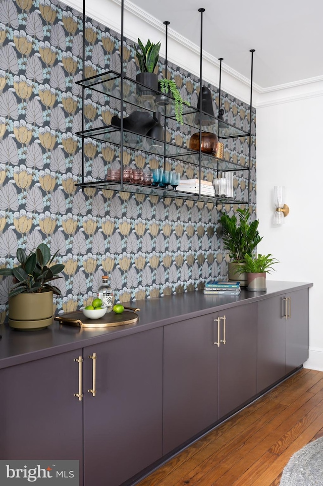 bar area featuring wood finished floors, ornamental molding, and backsplash