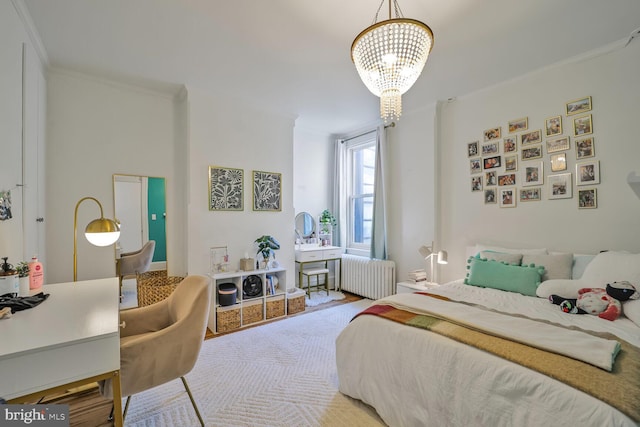 bedroom featuring radiator heating unit, ornamental molding, and a chandelier