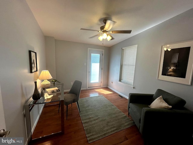 3133 Richmond St, Philadelphia, PA 19134 - office area with dark wood-style floors, ceiling fan, and baseboards