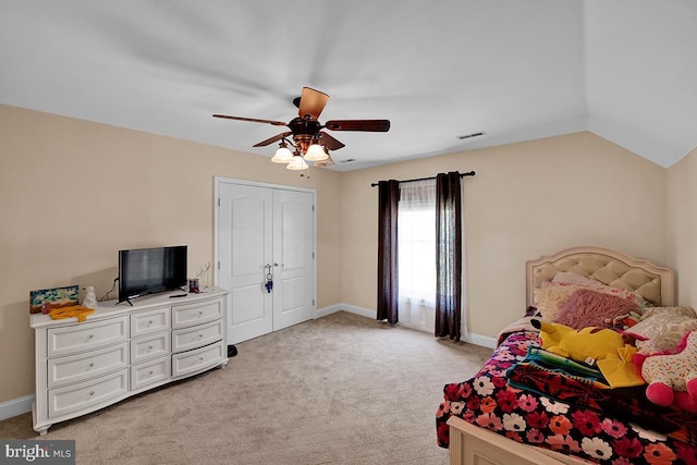 14535 Honeysuckle, Issue, MD 20645 - bedroom with light carpet, baseboards, a ceiling fan, vaulted ceiling, and a closet