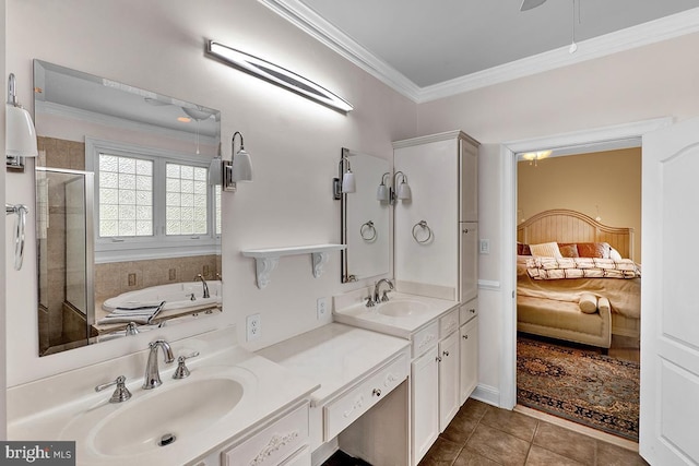 14535 Honeysuckle, Issue, MD 20645 - bathroom featuring ensuite bath, ornamental molding, a bath, tile patterned flooring, and double vanity