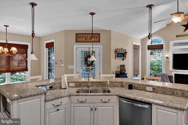 14535 Honeysuckle, Issue, MD 20645 - kitchen with stainless steel dishwasher, a sink, a chandelier, ceiling fan, and white cabinets