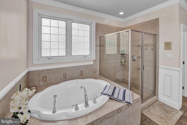 14535 Honeysuckle, Issue, MD 20645 - full bathroom with a stall shower, a garden tub, ornamental molding, and wainscoting