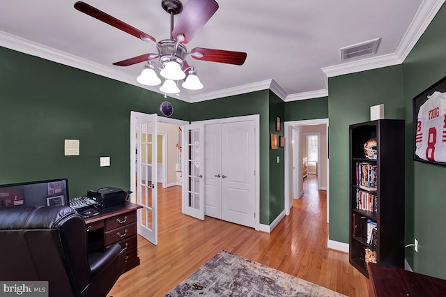 14535 Honeysuckle, Issue, MD 20645 - office featuring french doors, light wood-style floors, ceiling fan, crown molding, and baseboards