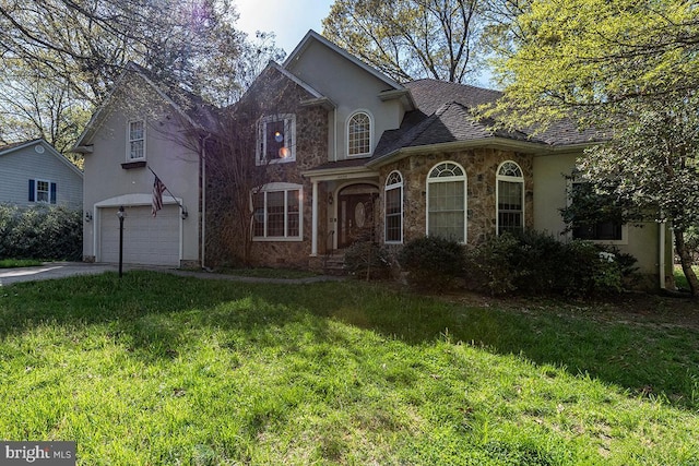 14535 Honeysuckle, Issue, MD 20645 - traditional-style home featuring an attached garage, stucco siding, stone siding, and a front lawn