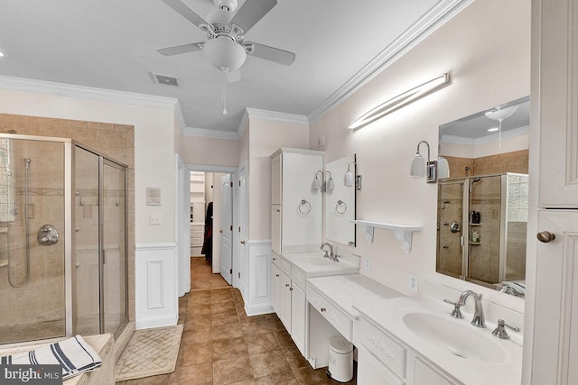 14535 Honeysuckle, Issue, MD 20645 - bathroom with a shower stall, a ceiling fan, crown molding, double vanity, and tile patterned flooring