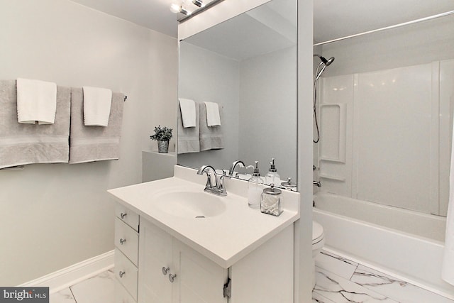 bathroom featuring marble look tiles, vanity, toilet, shower / bath combination, and baseboards