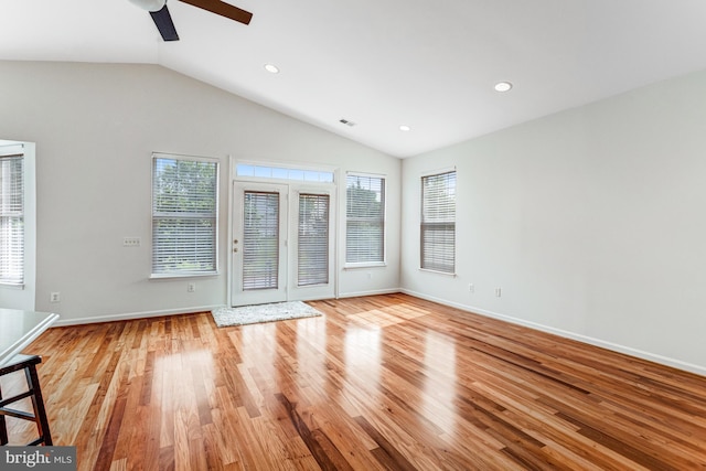 16453 Sparkling Brook Loop, Dumfries, VA 22025 - unfurnished living room with a ceiling fan, lofted ceiling, light wood-style floors, and recessed lighting