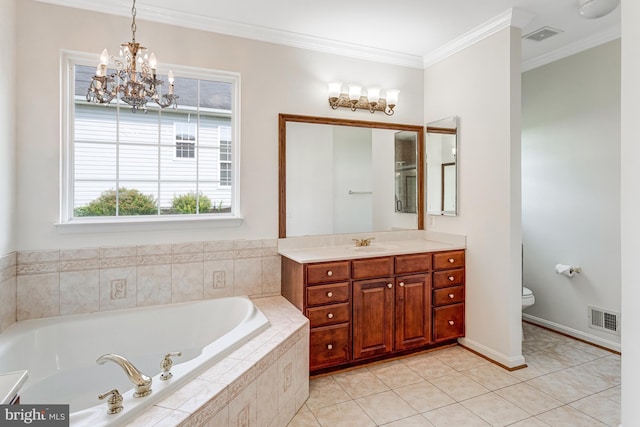 16453 Sparkling Brook Loop, Dumfries, VA 22025 - full bathroom with a chandelier, vanity, a bath, crown molding, and tile patterned flooring