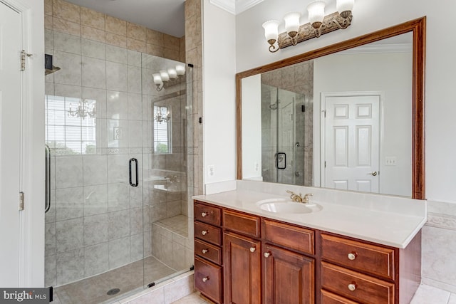16453 Sparkling Brook Loop, Dumfries, VA 22025 - bathroom featuring crown molding, vanity, and a shower stall