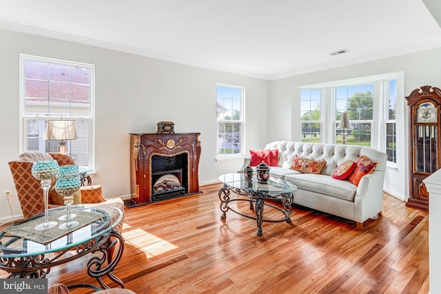 16453 Sparkling Brook Loop, Dumfries, VA 22025 - living area featuring crown molding, light wood-style floors, and a fireplace