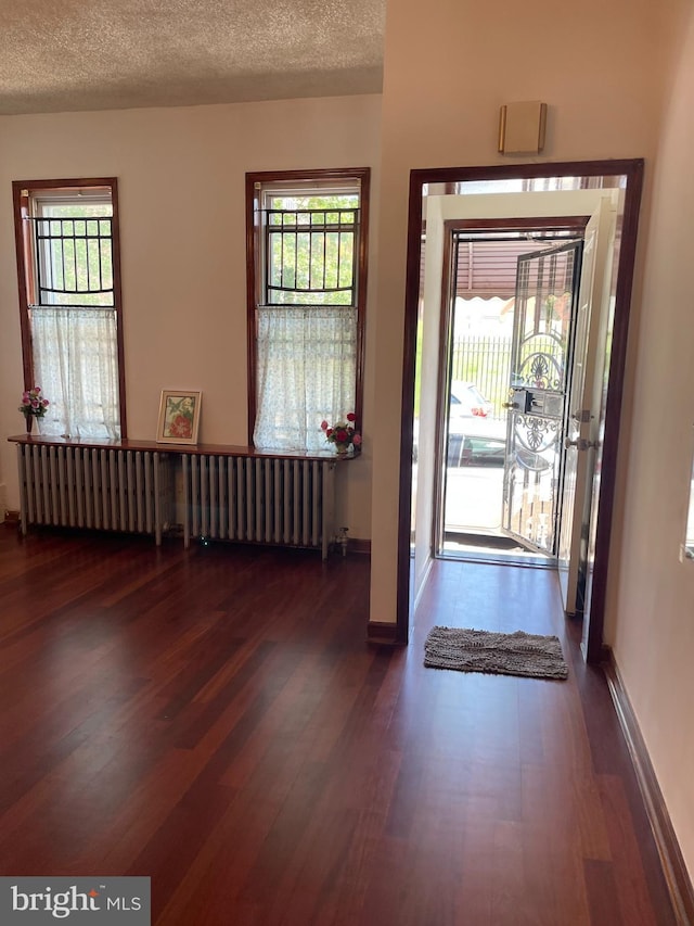 foyer entrance featuring radiator, wood finished floors, healthy amount of natural light, and a textured ceiling