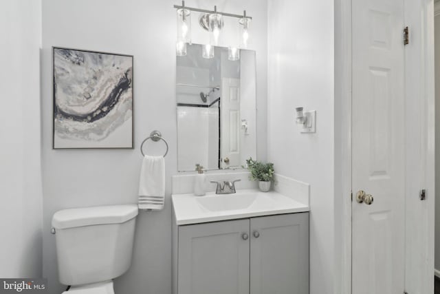 bathroom featuring toilet, vanity, a shower, and a closet