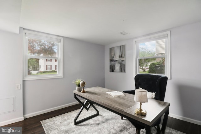 home office with plenty of natural light, dark wood finished floors, and baseboards