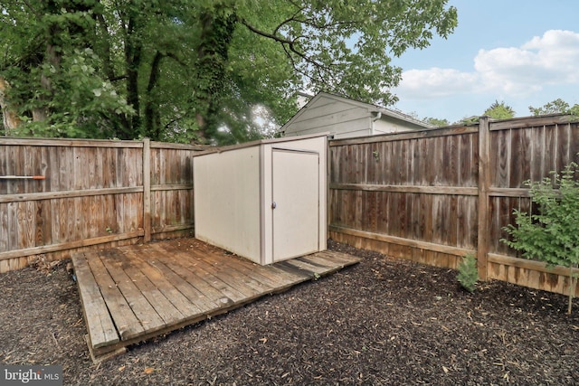 view of shed featuring a fenced backyard