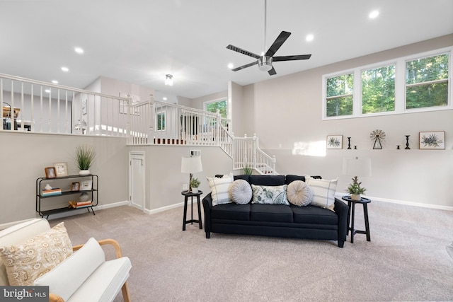 194 Black Cub Run Ln, Harpers Ferry, WV 25425 - living room featuring carpet, ceiling fan, stairway, baseboards, and recessed lighting