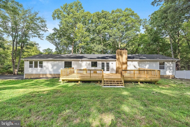 194 Black Cub Run Ln, Harpers Ferry, WV 25425 - back of property featuring a wooden deck, a yard, a chimney, and french doors