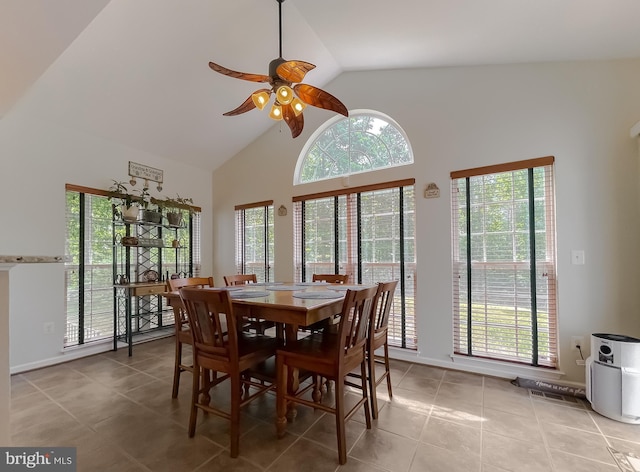 13605 Sugar Mill Ct, Waldorf, MD 20601 - tiled dining room with a ceiling fan, high vaulted ceiling, and baseboards