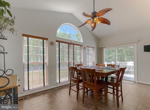 13605 Sugar Mill Ct, Waldorf, MD 20601 - tiled dining space featuring a ceiling fan and high vaulted ceiling