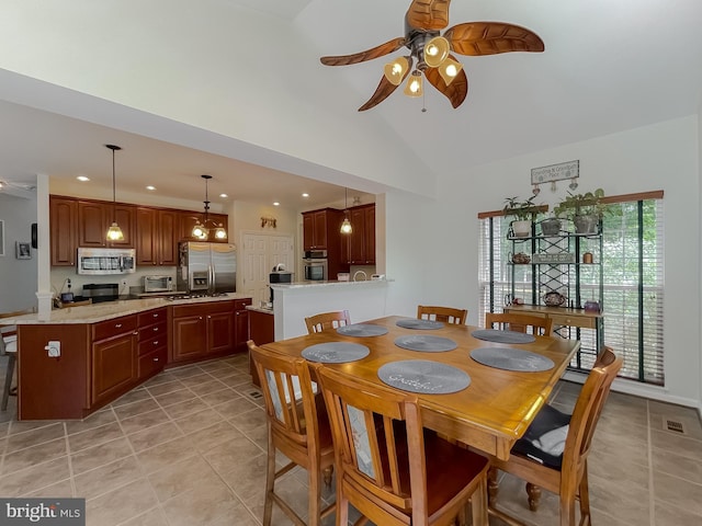 13605 Sugar Mill Ct, Waldorf, MD 20601 - dining room with light tile patterned floors, a ceiling fan, recessed lighting, and vaulted ceiling