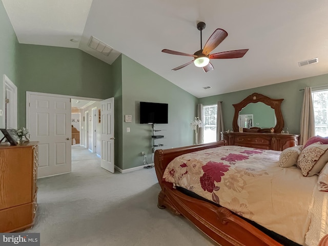 13605 Sugar Mill Ct, Waldorf, MD 20601 - bedroom with light carpet, multiple windows, baseboards, ceiling fan, and high vaulted ceiling