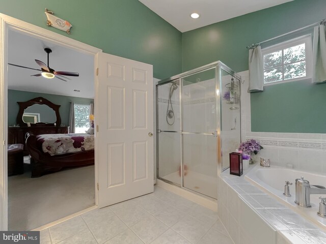 13605 Sugar Mill Ct, Waldorf, MD 20601 - ensuite bathroom featuring a bath, a shower stall, ceiling fan, and tile patterned floors