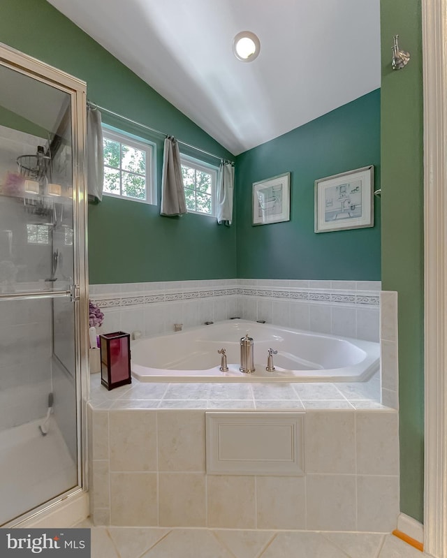 13605 Sugar Mill Ct, Waldorf, MD 20601 - bathroom with a bath, a shower stall, and vaulted ceiling