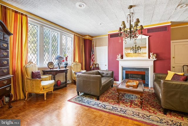 1001 Saint Paul St Unit 9F, Baltimore, MD 21202 - living area featuring a chandelier, a glass covered fireplace, and a baseboard radiator
