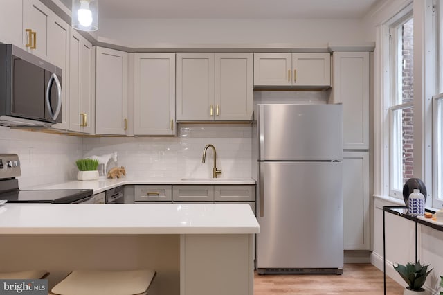 kitchen with stainless steel appliances, gray cabinets, backsplash, and light wood-style flooring