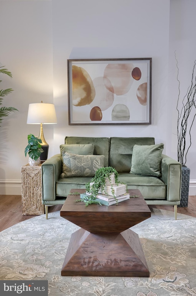 living area featuring baseboards and wood finished floors