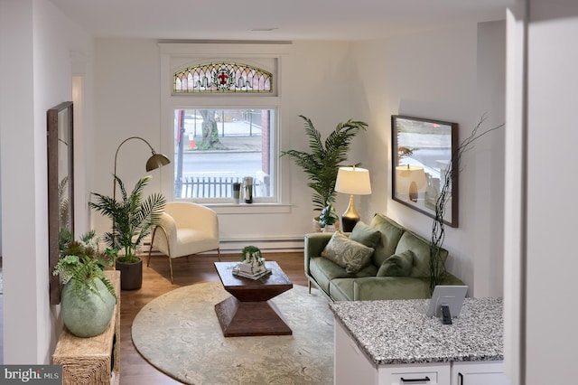 sitting room featuring wood finished floors and baseboard heating