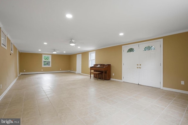 foyer entrance featuring ornamental molding, recessed lighting, ceiling fan, baseboards, and light tile patterned floors