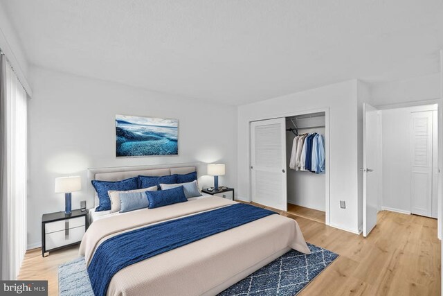 bedroom with light wood finished floors, a closet, and baseboards