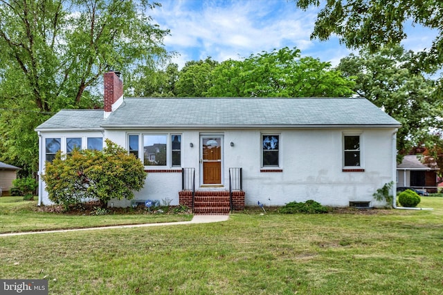 1835 Drew St, Annapolis, MD 21401 - ranch-style home featuring a chimney, a front lawn, roof with shingles, stucco siding, and entry steps