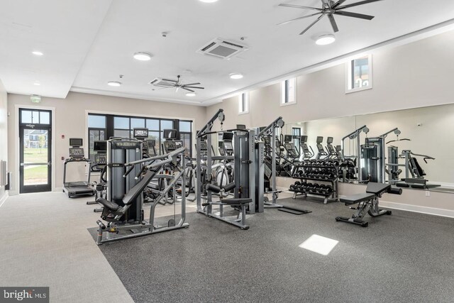 exercise room featuring a ceiling fan, baseboards, and recessed lighting
