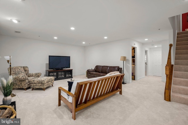 10938 Rocky Mount Way, Silver Spring, MD 20902 - living room with light carpet, stairway, recessed lighting, and baseboards