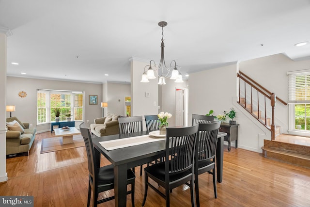 10938 Rocky Mount Way, Silver Spring, MD 20902 - dining room with stairway, light wood-style floors, baseboards, recessed lighting, and a chandelier